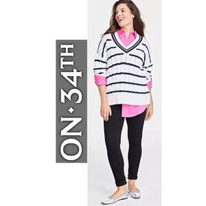 On 34th - Women's V-Neck Cable-Knit Rugby Sweater in navy/white stripes